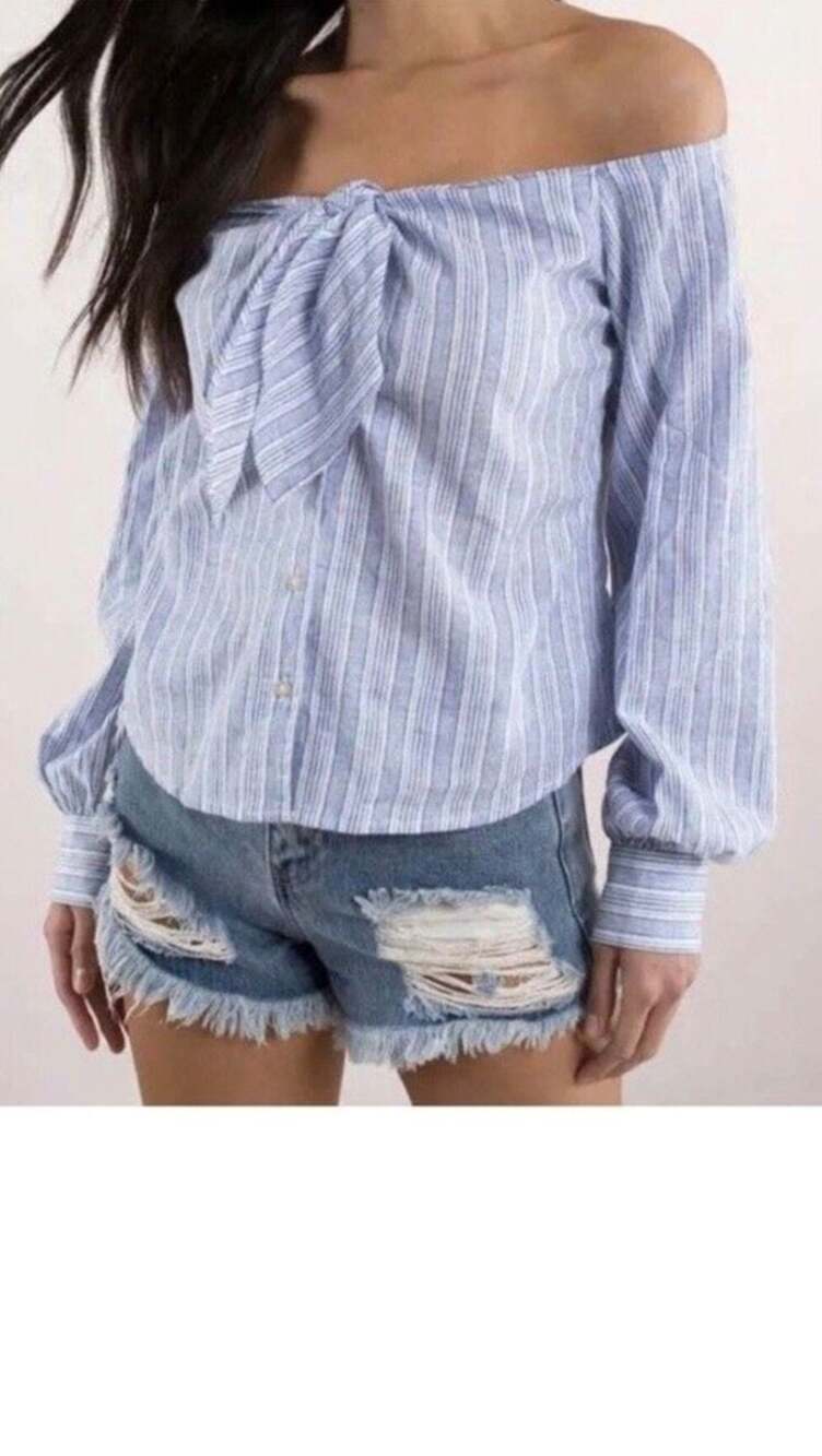 Free People Hello There Beautiful Blue Striped Off Shoulder Blouse Large Boho